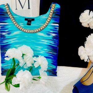 Alfani Aqua Blue Jeweled Round Neck Blouse